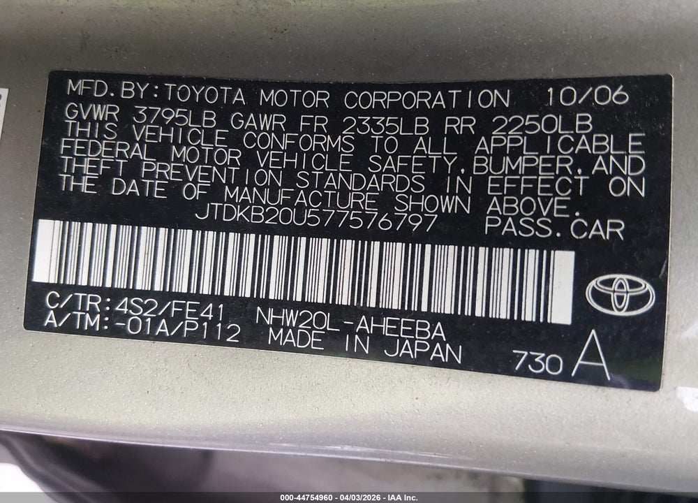 2007 TOYOTA PRIUS VIN: JTDKB20U577576797