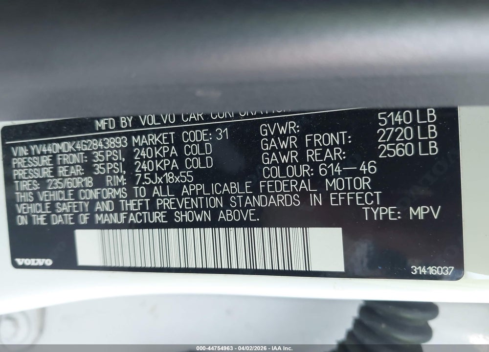 2016 VOLVO XC60 VIN: YV440MDK4G2843893