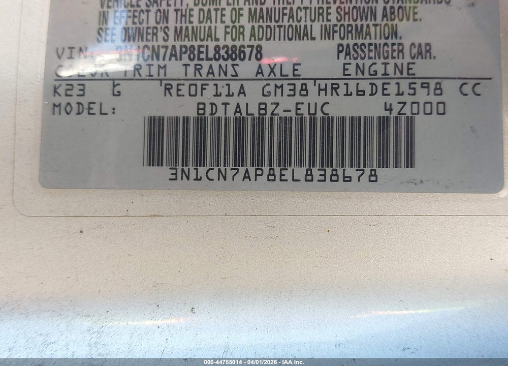 2014 NISSAN VERSA 1.6 SV VIN: 3N1CN7AP8EL838678