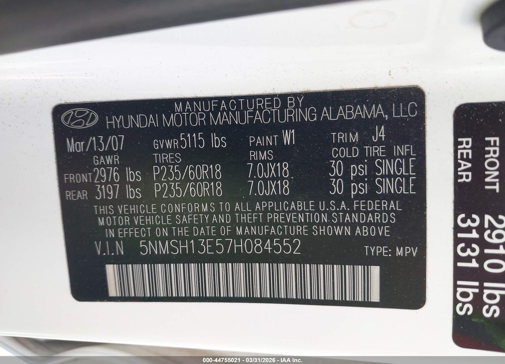 2007 HYUNDAI SANTA FE LIMITED/SE VIN: 5NMSH13E57H084552
