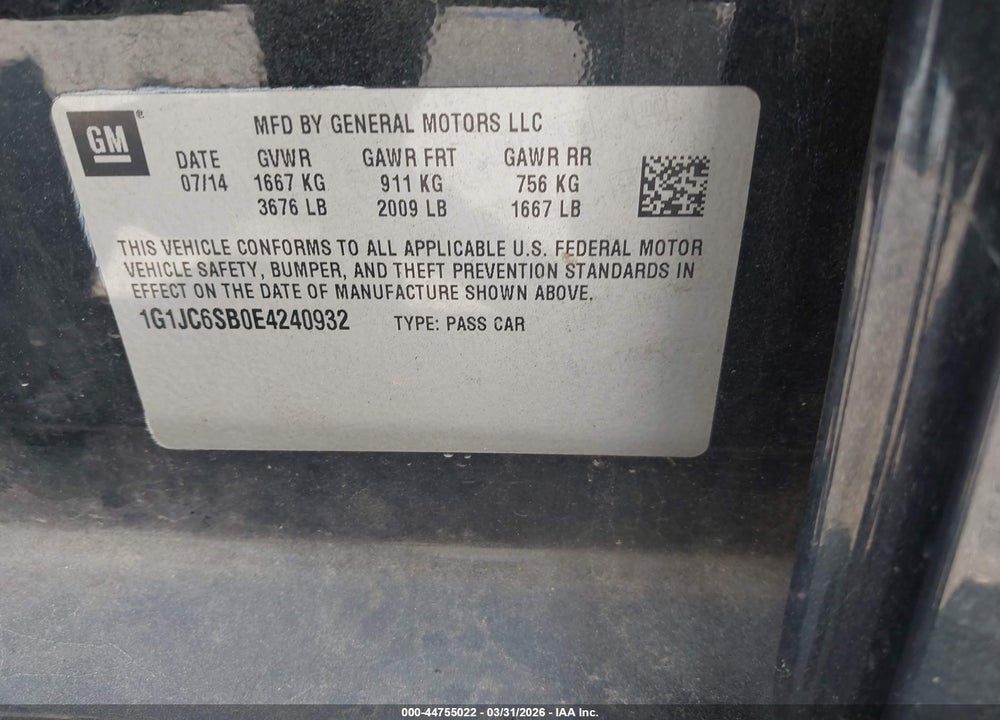 2014 CHEVROLET SONIC LT AUTO VIN: 1G1JC6SB0E4240932
