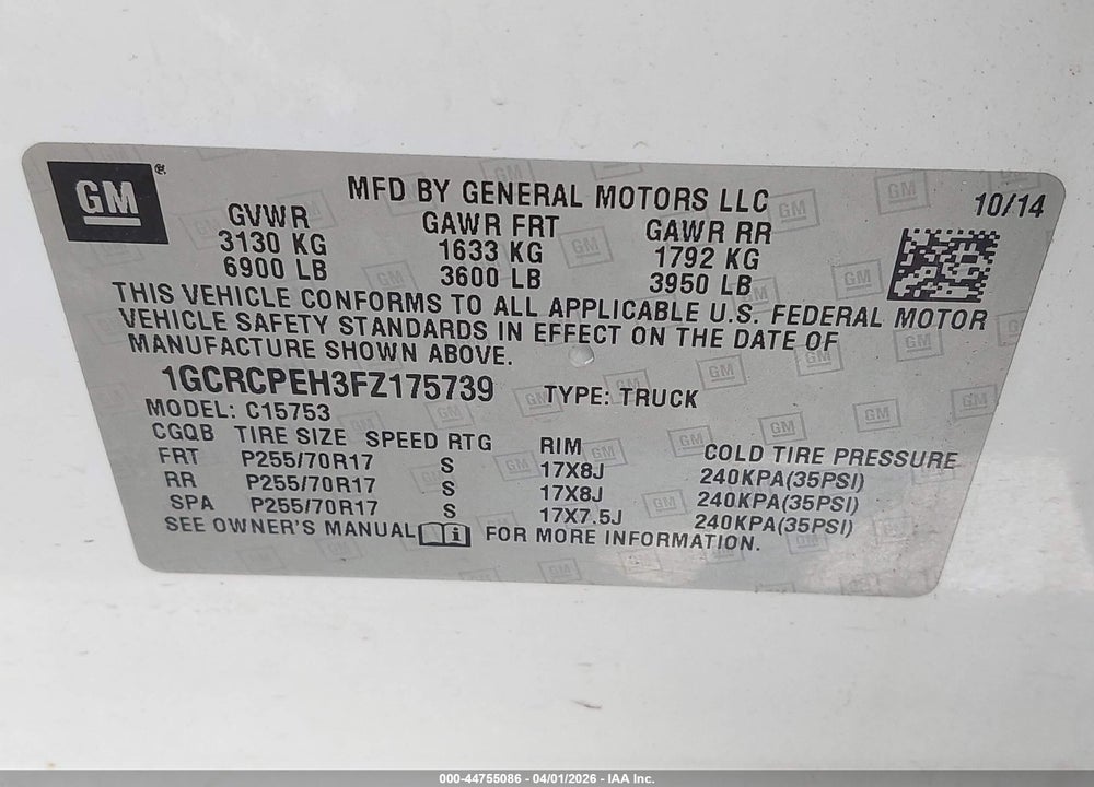 2015 CHEVROLET SILVERADO 1500 WT VIN: 1GCRCPEH3FZ175739