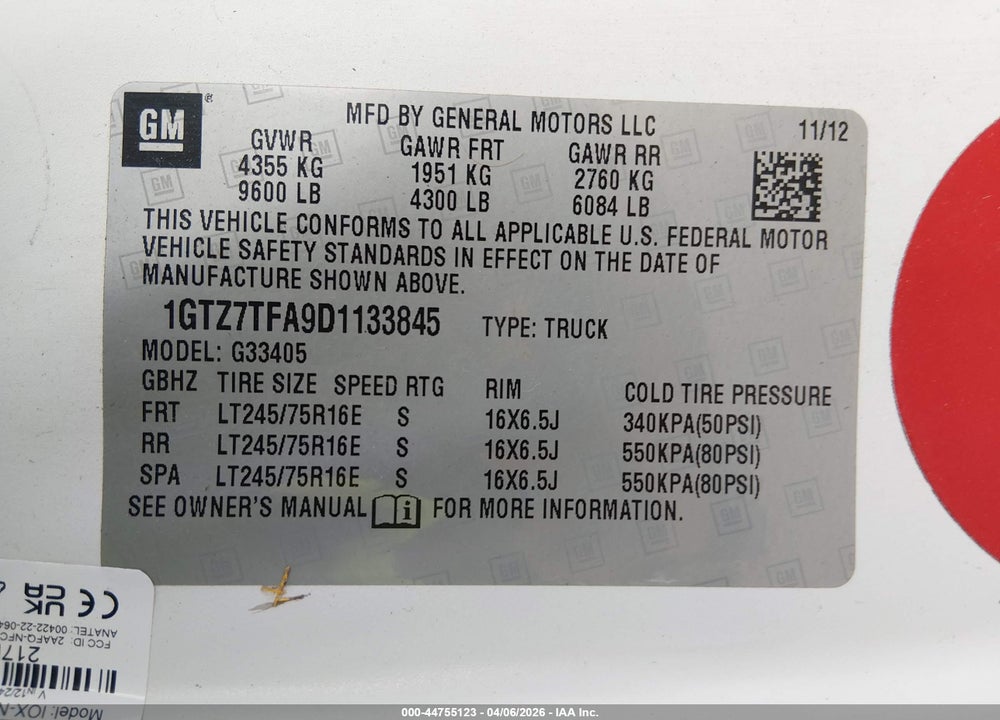 2013 GMC SAVANA 3500 WORK VAN VIN: 1GTZ7TFA9D1133845
