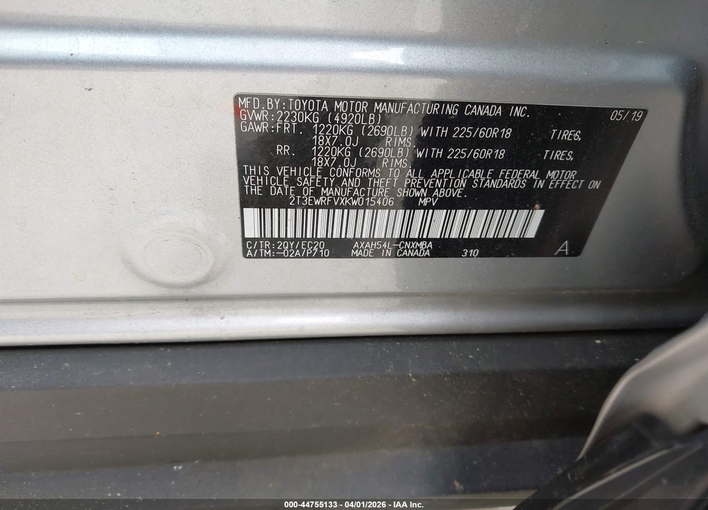 2019 TOYOTA RAV4 HYBRID XSE VIN: 2T3EWRFVXKW015406
