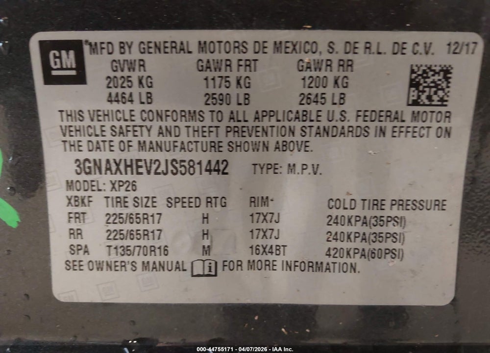 2018 CHEVROLET EQUINOX LS VIN: 3GNAXHEV2JS581442
