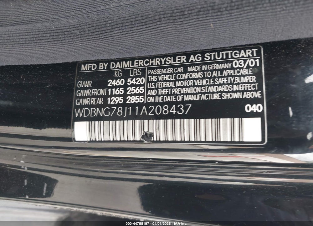 2001 MERCEDES-BENZ S 600 VIN: WDBNG78J11A208437