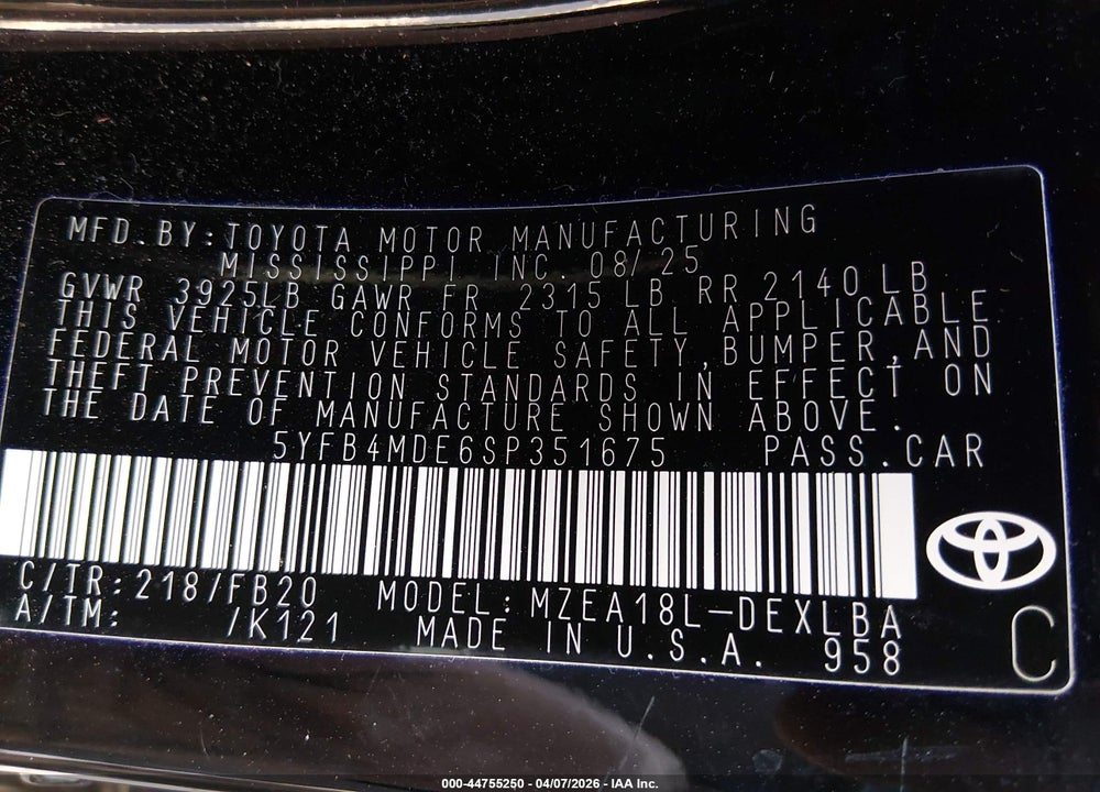 2025 TOYOTA COROLLA LE VIN: 5YFB4MDE6SP351675
