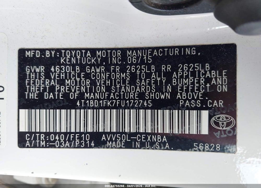 2015 TOYOTA CAMRY HYBRID LE VIN: 4T1BD1FK7FU172745