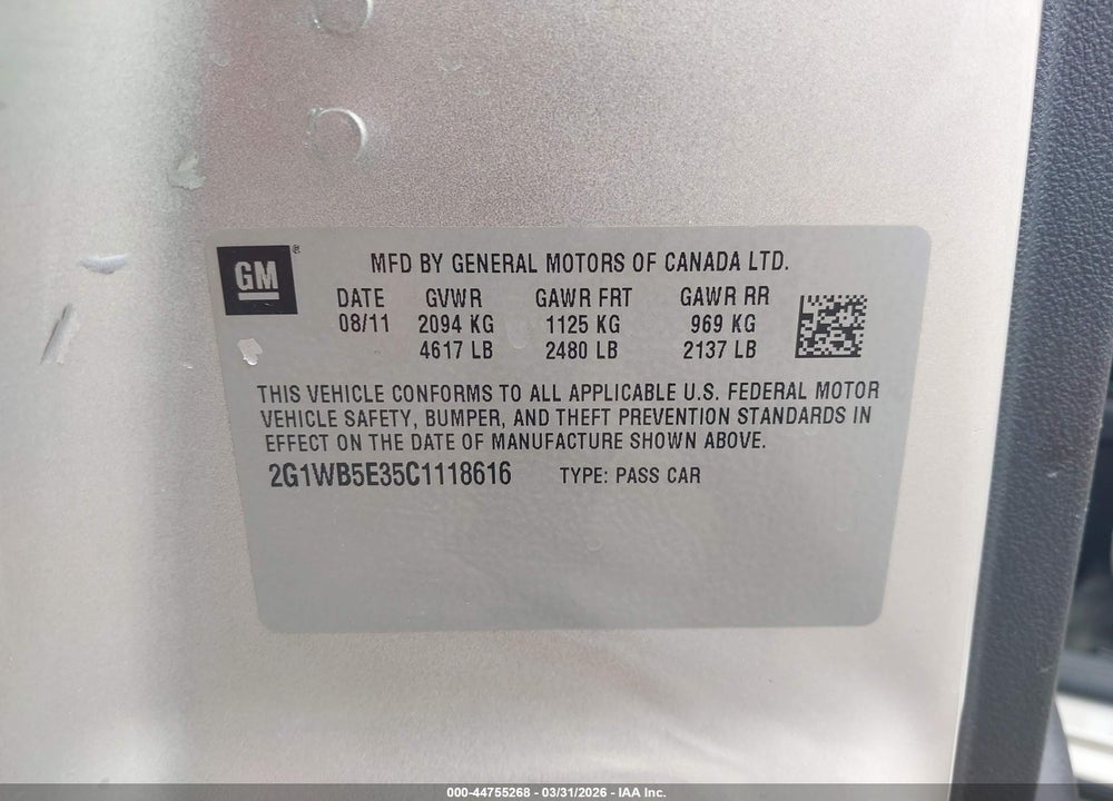 2012 CHEVROLET IMPALA LT VIN: 2G1WB5E35C1118616