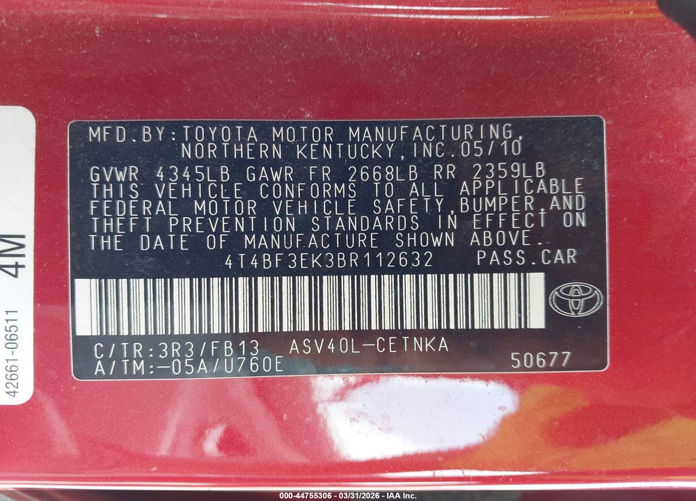 2011 TOYOTA CAMRY SE/LE/XLE VIN: 4T4BF3EK3BR112632