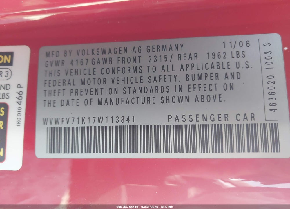 2007 VOLKSWAGEN GTI 2-DOOR/FAHRENHEIT VIN: WVWFV71K17W113841