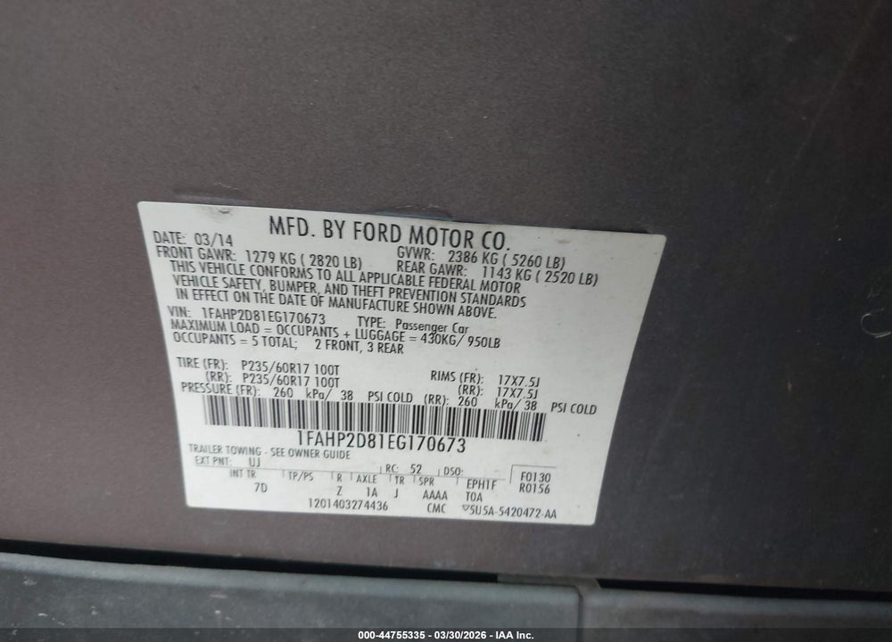 2014 FORD TAURUS SE VIN: 1FAHP2D81EG170673