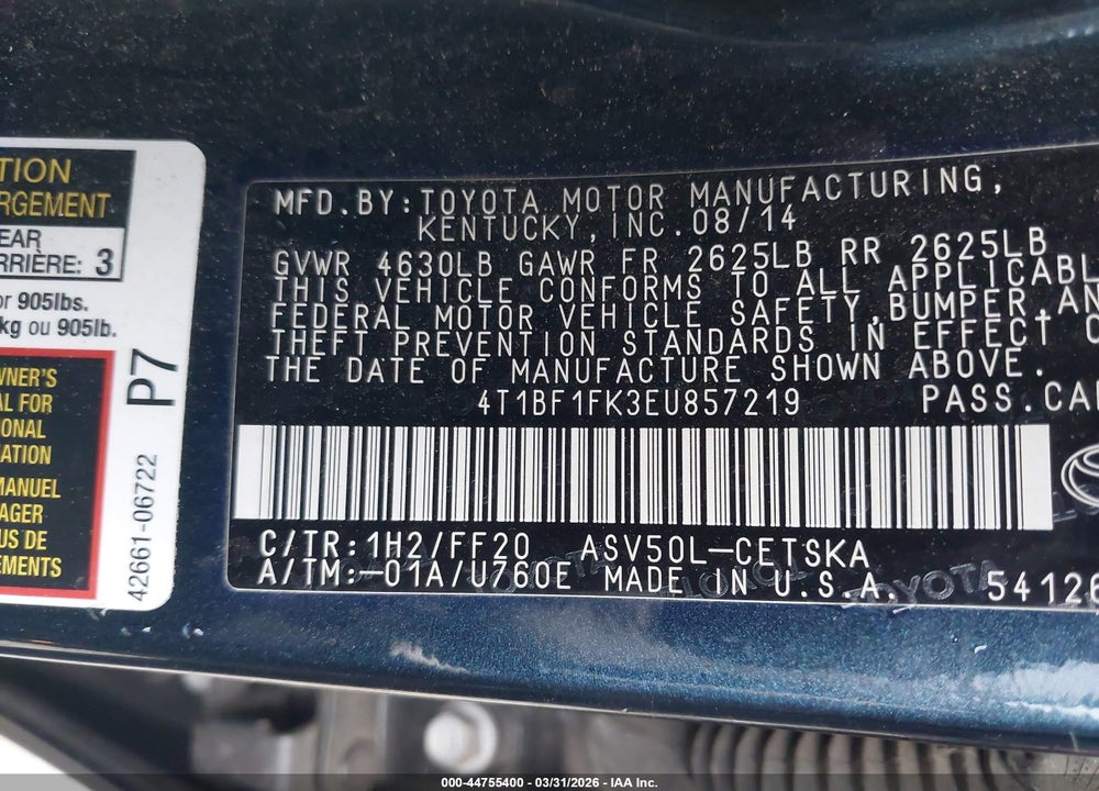 2014 TOYOTA CAMRY SE VIN: 4T1BF1FK3EU857219