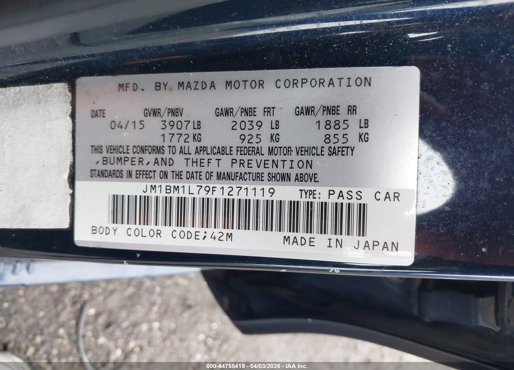 2015 MAZDA 3 I TOURING VIN: JM1BM1L79F1271119