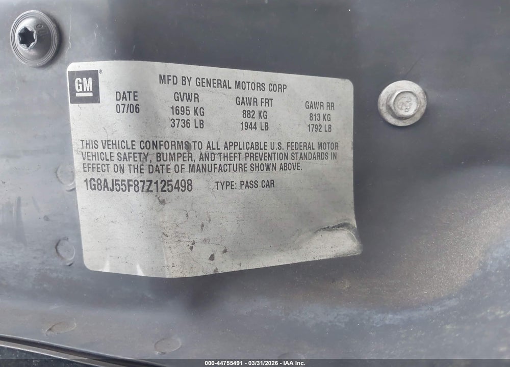 2007 SATURN ION 2 VIN: 1G8AJ55F87Z125498