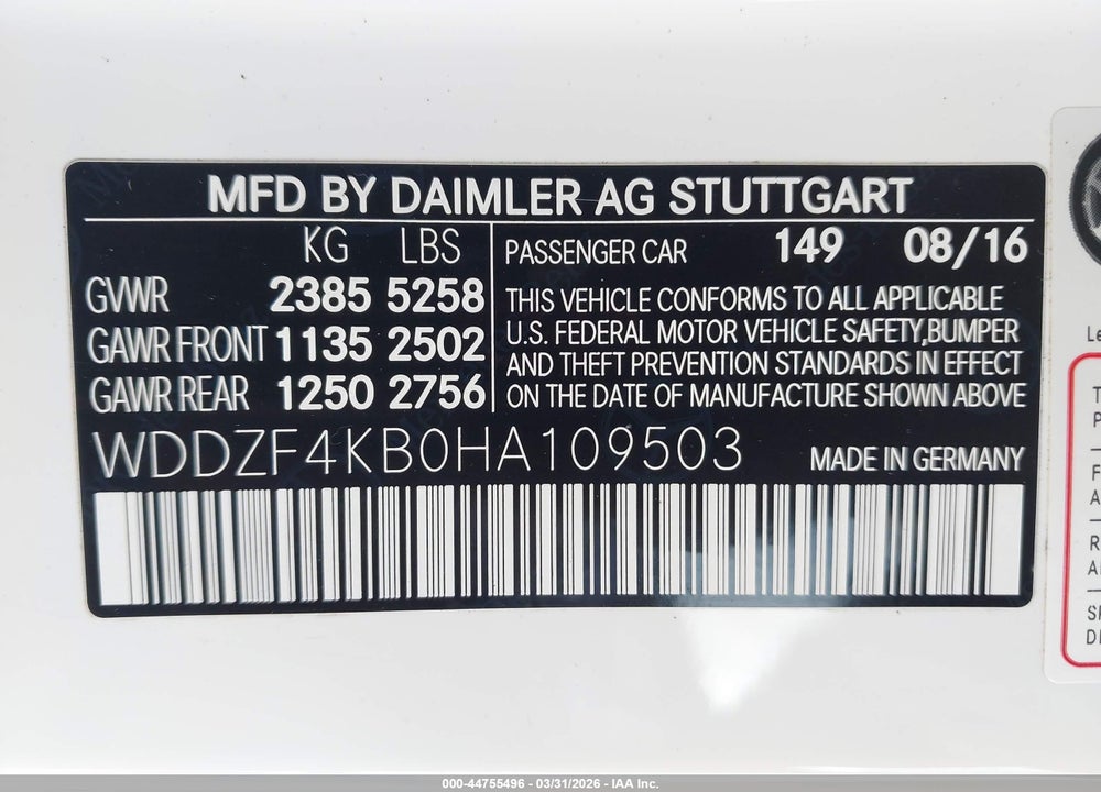2017 MERCEDES-BENZ E-CLASS VIN: WDDZF4KB0HA109503