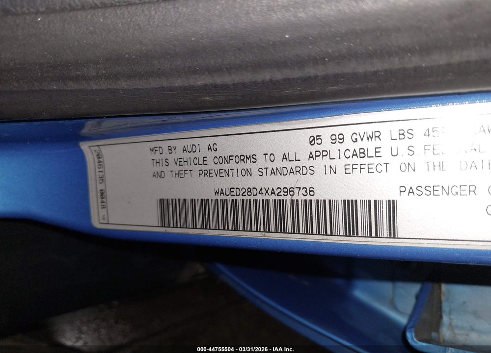 1999 AUDI A4 2.8 VIN: WAUED28D4XA296736
