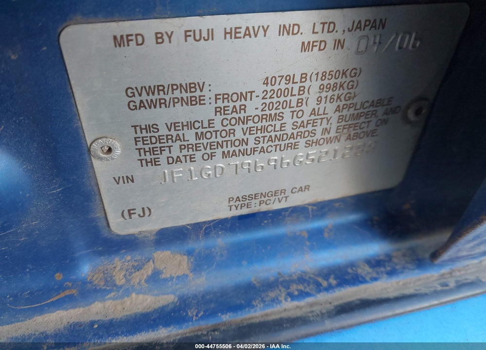 2006 SUBARU IMPREZA WRX VIN: JF1GD79696G521288