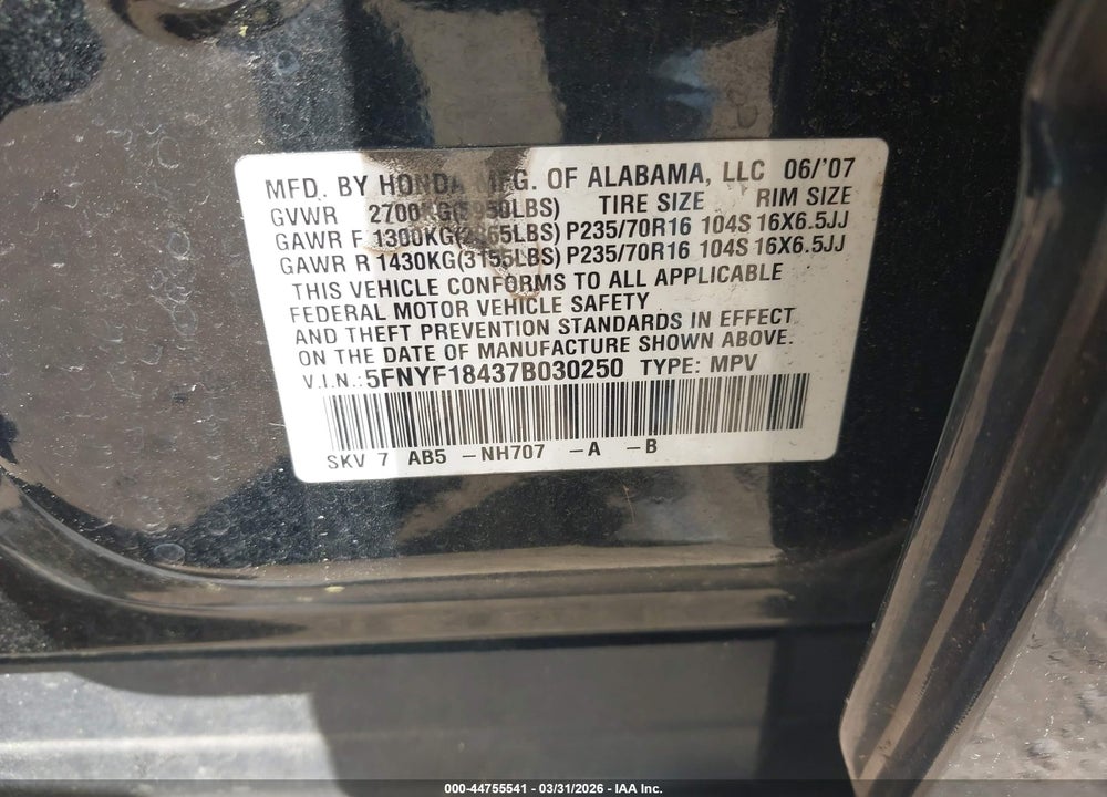 2007 HONDA PILOT EX VIN: 5FNYF18437B030250