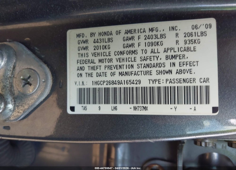 2009 HONDA ACCORD VIN: 1HGCP26849A165429