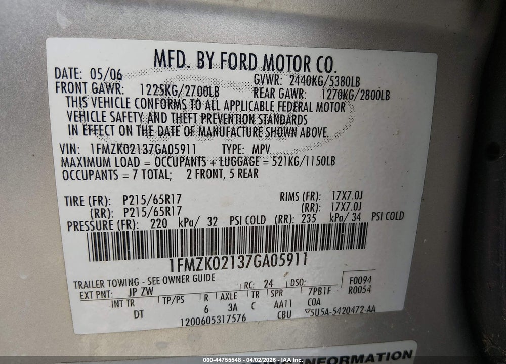 2007 FORD FREESTYLE SEL VIN: 1FMZK02137GA05911
