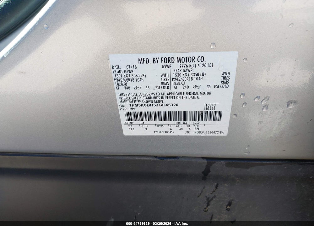 2018 FORD EXPLORER VIN: 1FM5K8BH5JGC45320