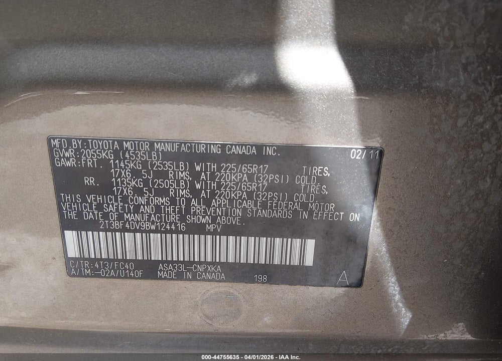 2011 TOYOTA RAV4 VIN: 2T3BF4DV9BW124416