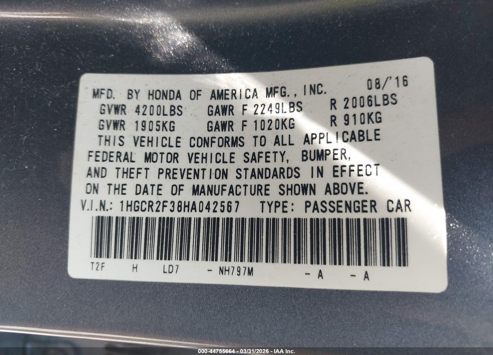2017 HONDA ACCORD LX VIN: 1HGCR2F38HA042567