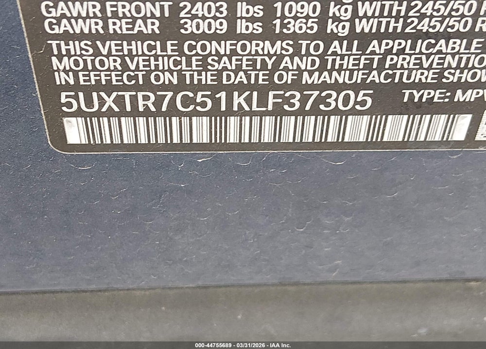2019 BMW X3 SDRIVE30I VIN: 5UXTR7C51KLF37305