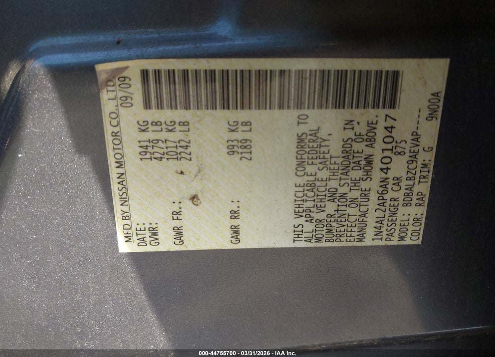 2010 NISSAN ALTIMA 2.5 S VIN: 1N4AL2AP6AN401047