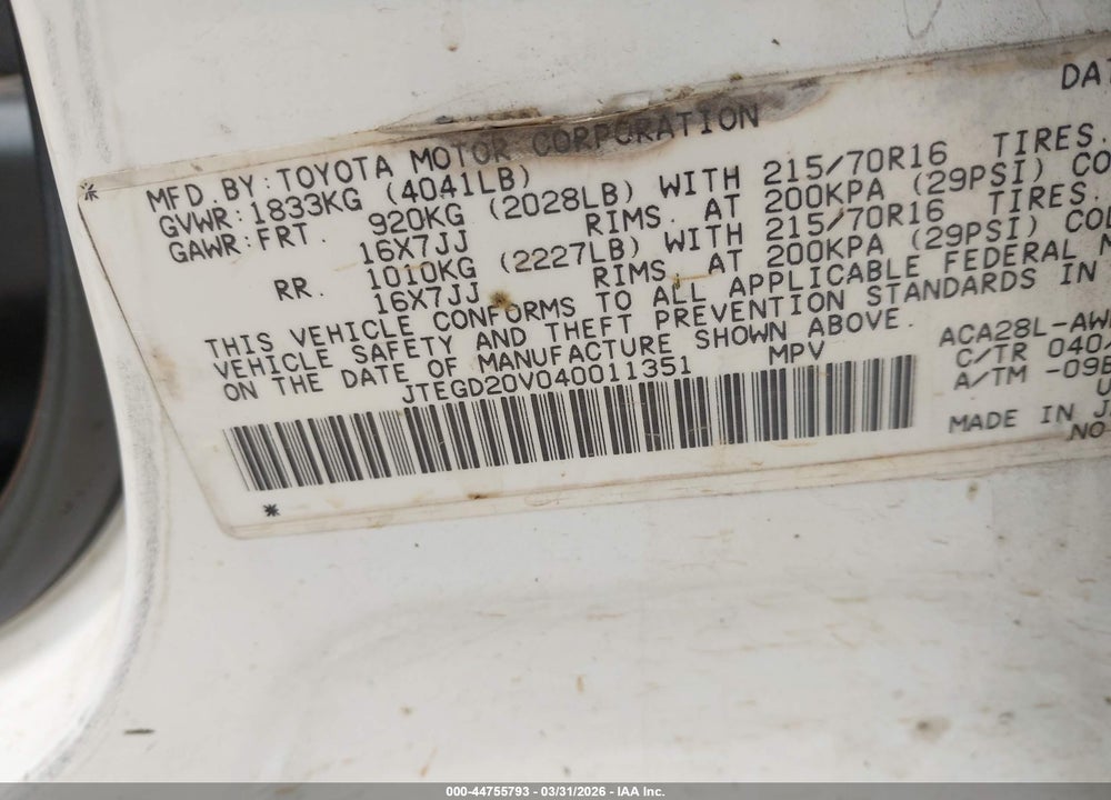 2004 TOYOTA RAV4 VIN: JTEGD20V040011351