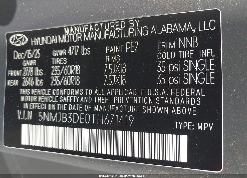 2026 HYUNDAI TUCSON SEL VIN: 5NMJB3DE0TH671419