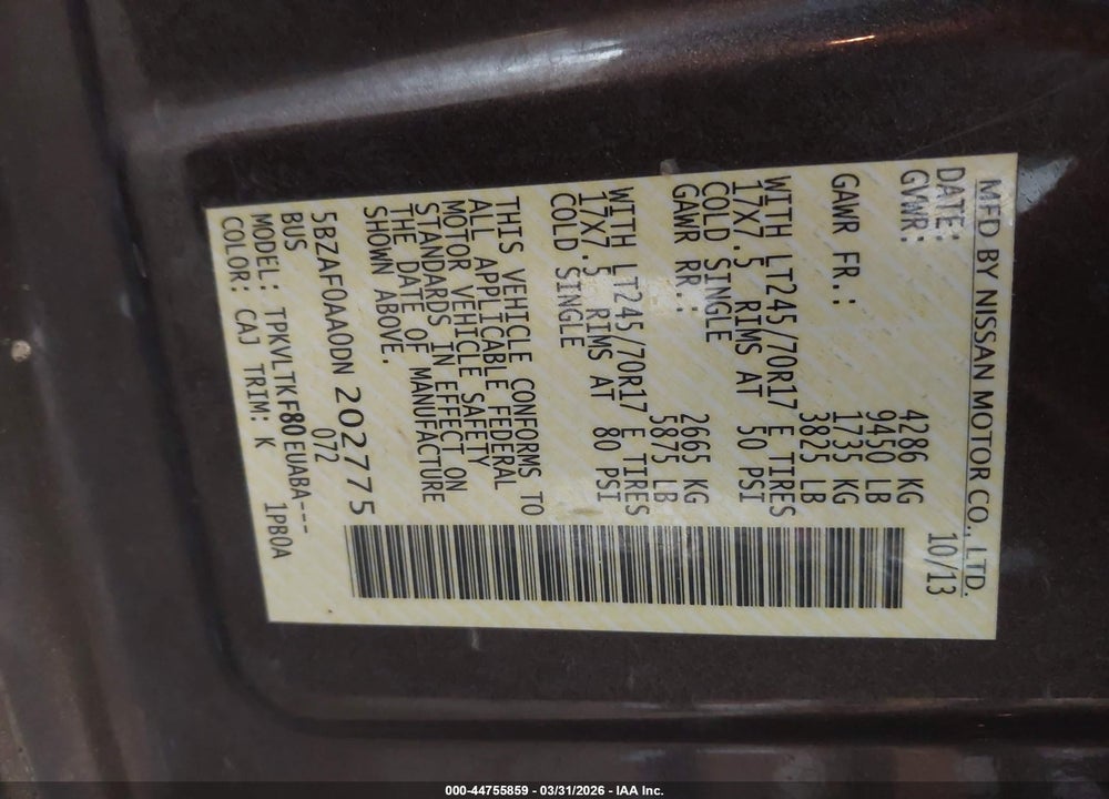 2013 NISSAN NV PASSENGER NV3500 HD SV V8 VIN: 5BZAF0AA0DN202775