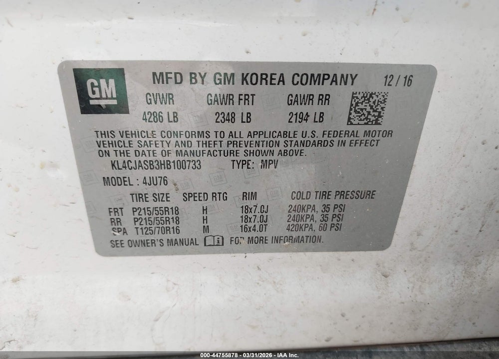 2017 BUICK ENCORE PREFERRED VIN: KL4CJASB3HB100733