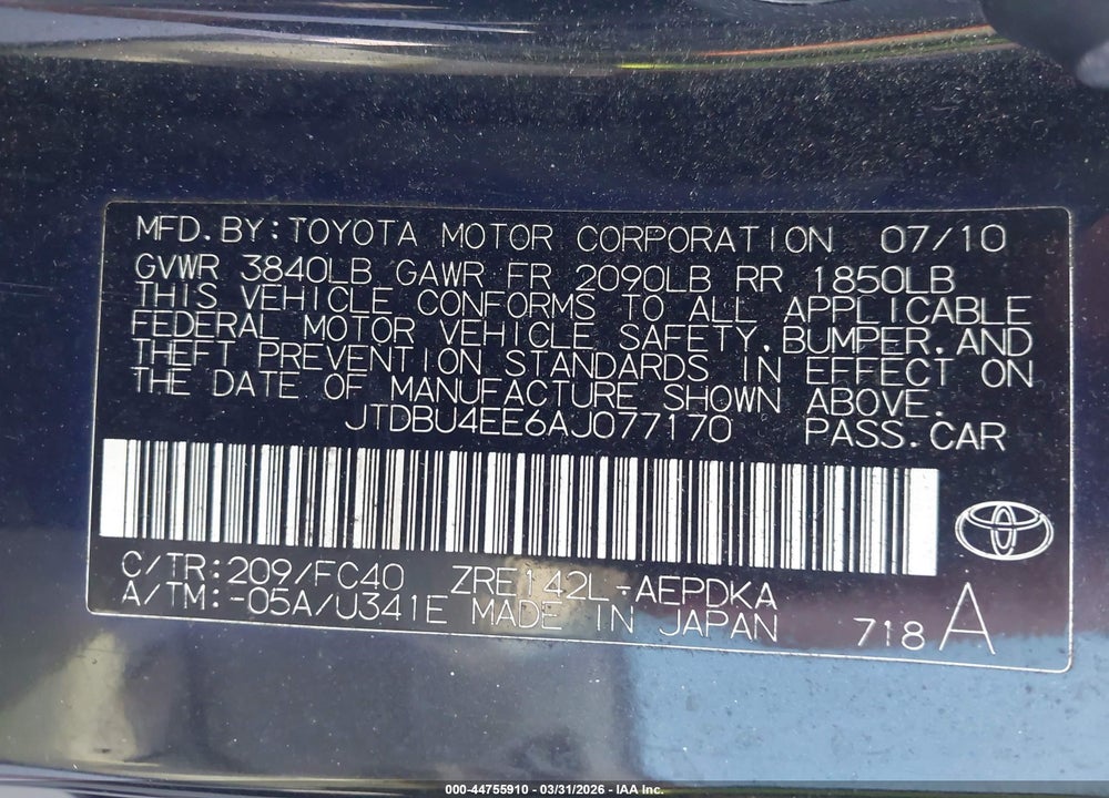 2010 TOYOTA COROLLA LE VIN: JTDBU4EE6AJ077170