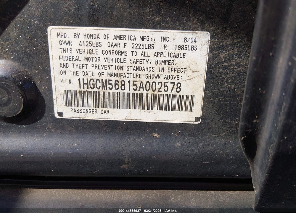 2005 HONDA ACCORD 2.4 EX VIN: 1HGCM56815A002578