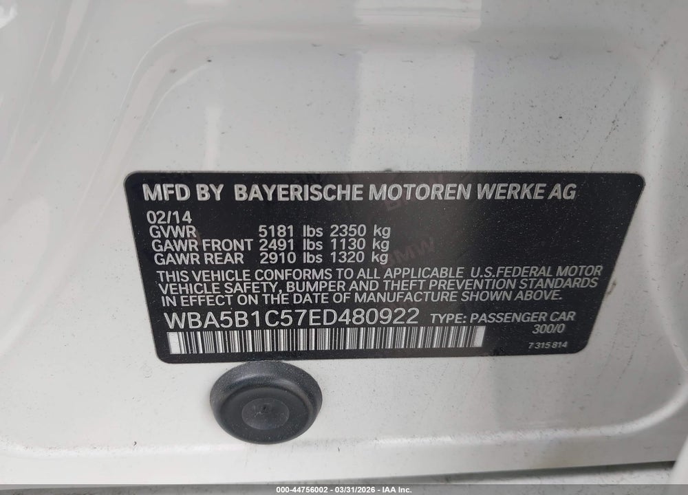 2014 BMW 535I VIN: WBA5B1C57ED480922