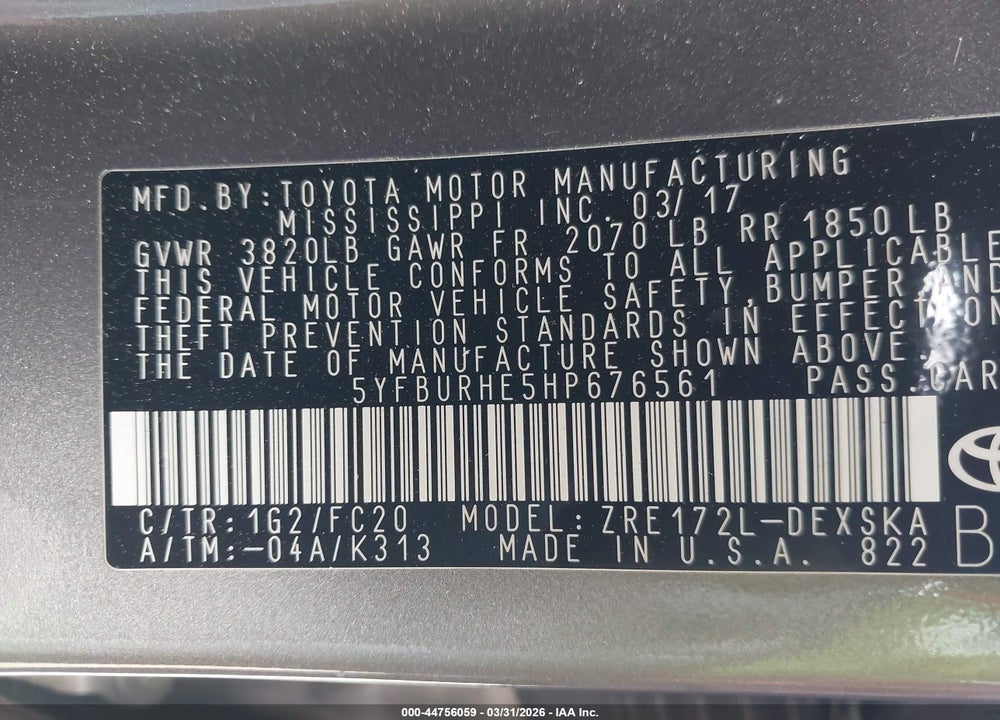 2017 TOYOTA COROLLA SE VIN: 5YFBURHE5HP676561