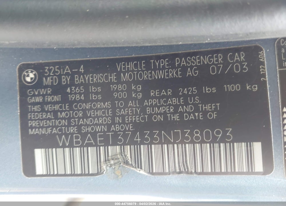 2003 BMW 325I VIN: WBAET37433NJ38093