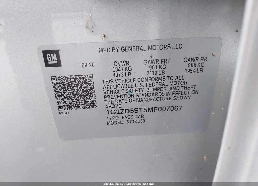 2021 CHEVROLET MALIBU FWD LT VIN: 1G1ZD5ST5MF007067