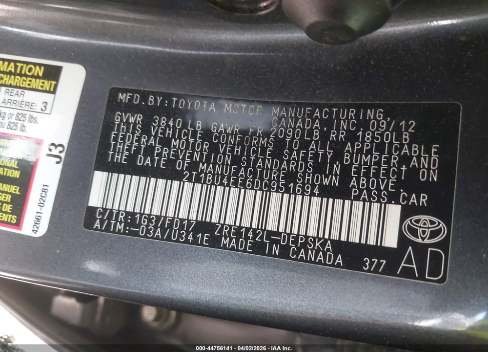2013 TOYOTA COROLLA S VIN: 2T1BU4EE6DC951694
