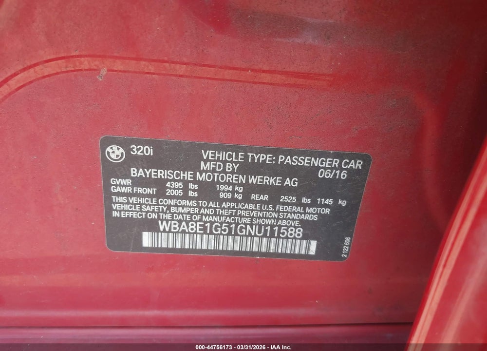 2016 BMW 320I VIN: WBA8E1G51GNU11588