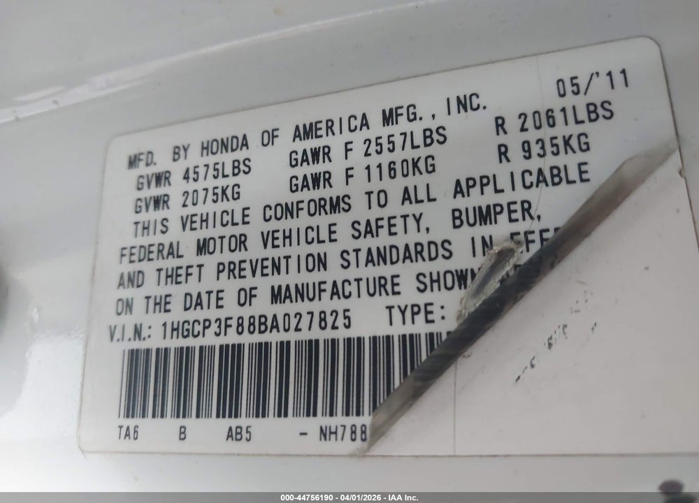 2011 HONDA ACCORD 3.5 EX-L VIN: 1HGCP3F88BA027825