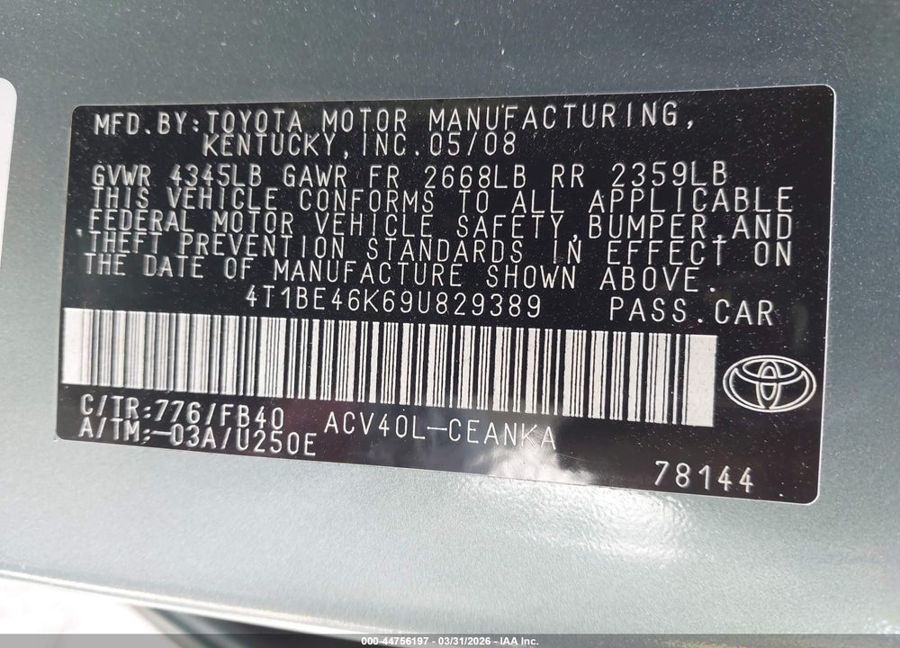 2009 TOYOTA CAMRY LE VIN: 4T1BE46K69U829389