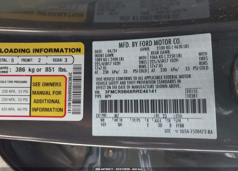 2024 FORD BRONCO SPO VIN: 3FMCR9B68RRE46141