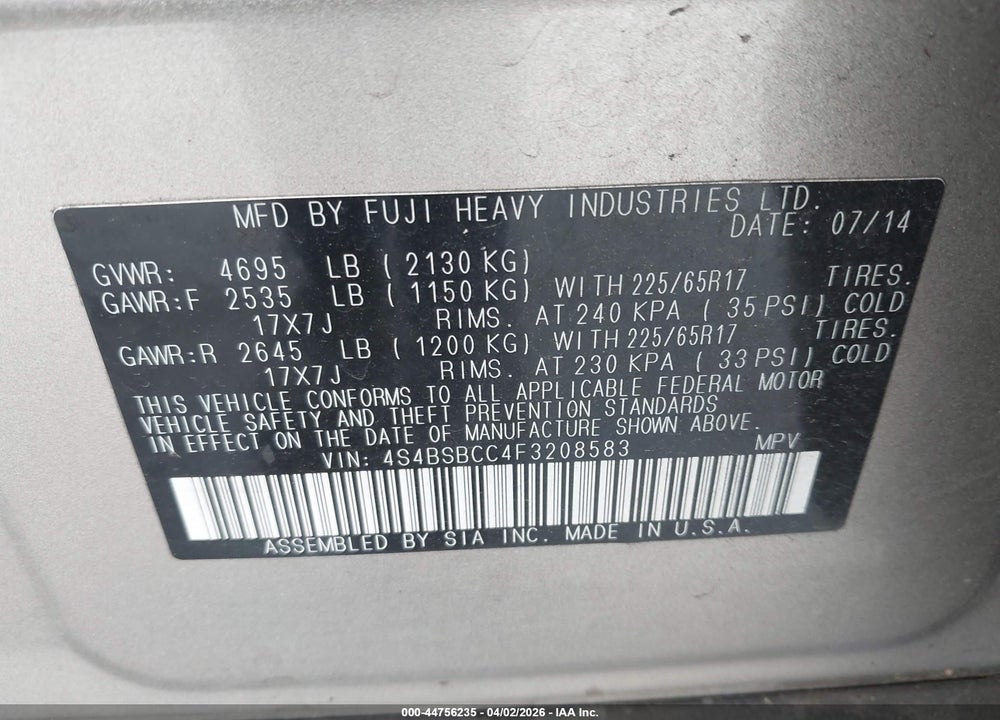2015 SUBARU OUTBACK 2.5I PREMIUM VIN: 4S4BSBCC4F3208583