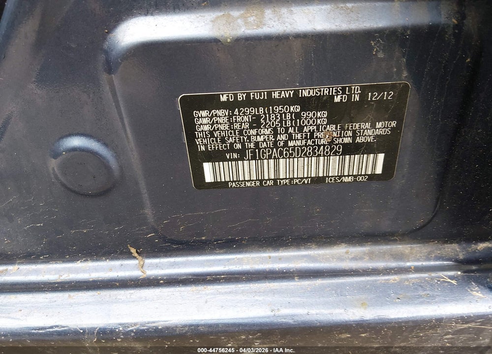 2013 SUBARU IMPREZA 2.0I PREMIUM VIN: JF1GPAC65D2834829