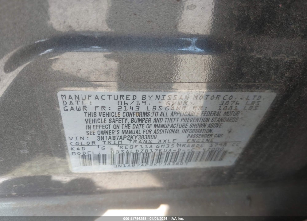 2019 NISSAN SENTRA SV VIN: 3N1AB7AP2KY383809