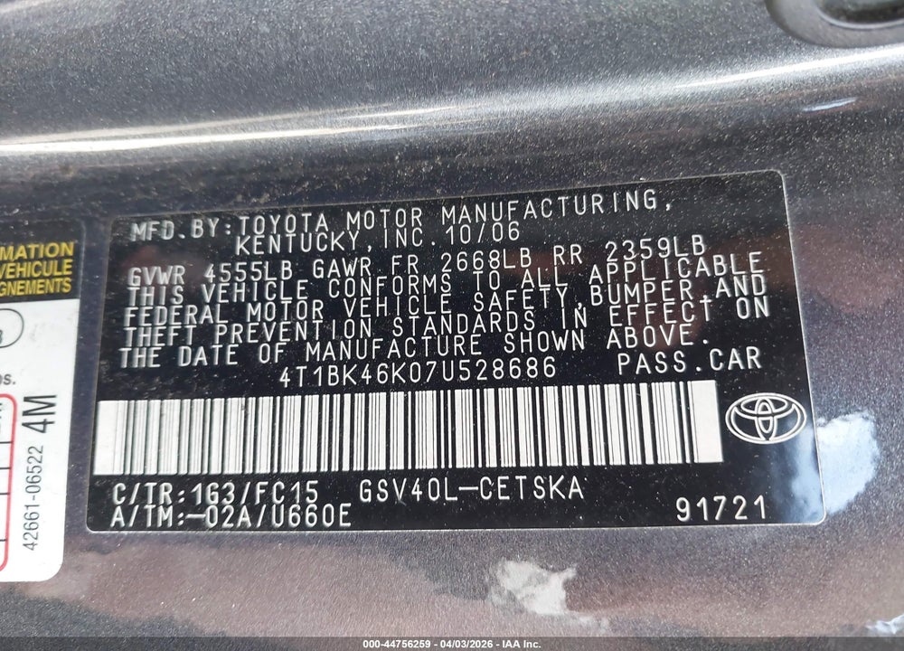 2007 TOYOTA CAMRY SE V6 VIN: 4T1BK46K07U528686