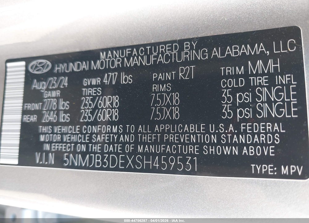 2025 HYUNDAI TUCSON SEL VIN: 5NMJB3DEXSH459531